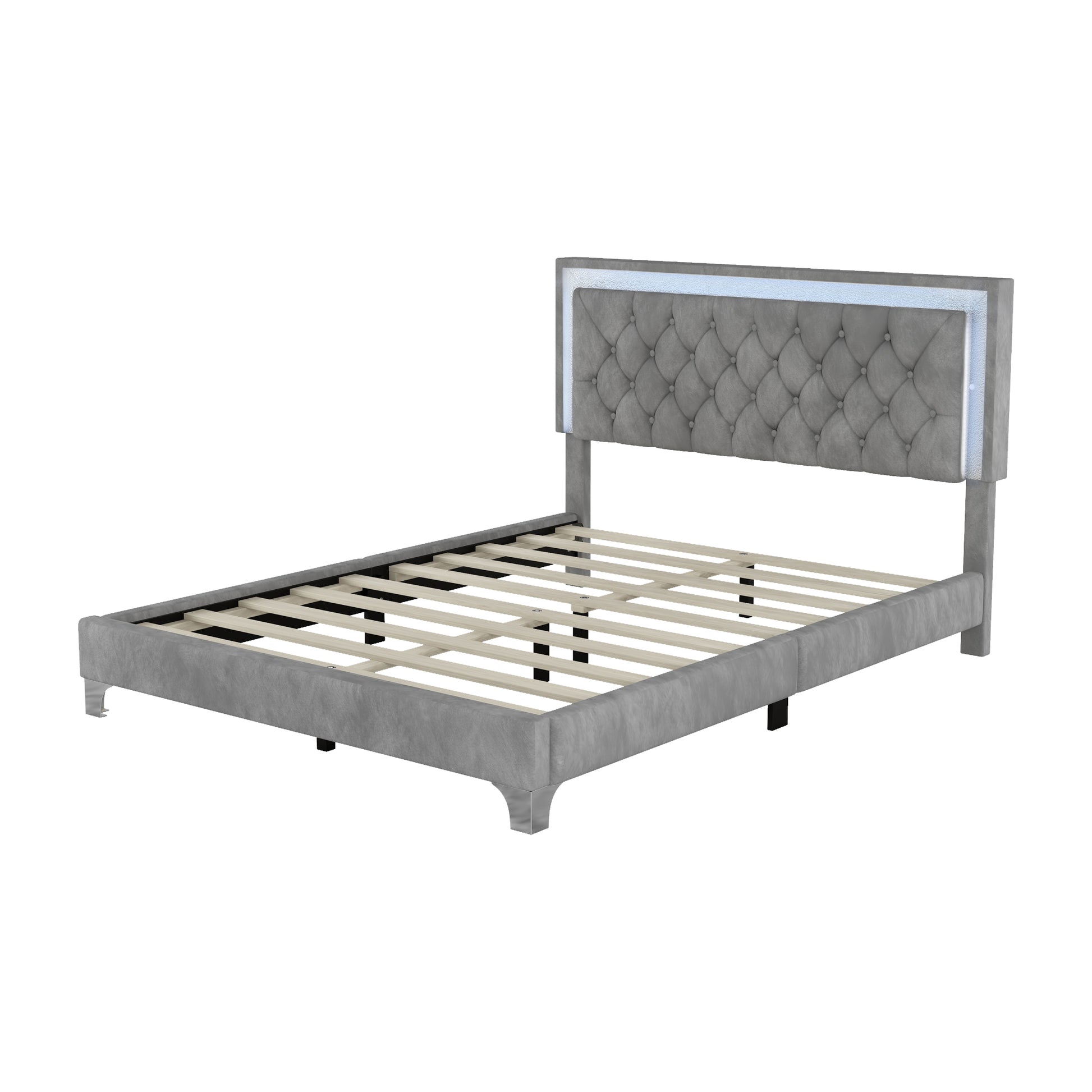 3 Pieces Bedroom Sets,Queen Size Upholstered Platform Bed With Led Lights And Two Nightstands Gray Gray Velvet