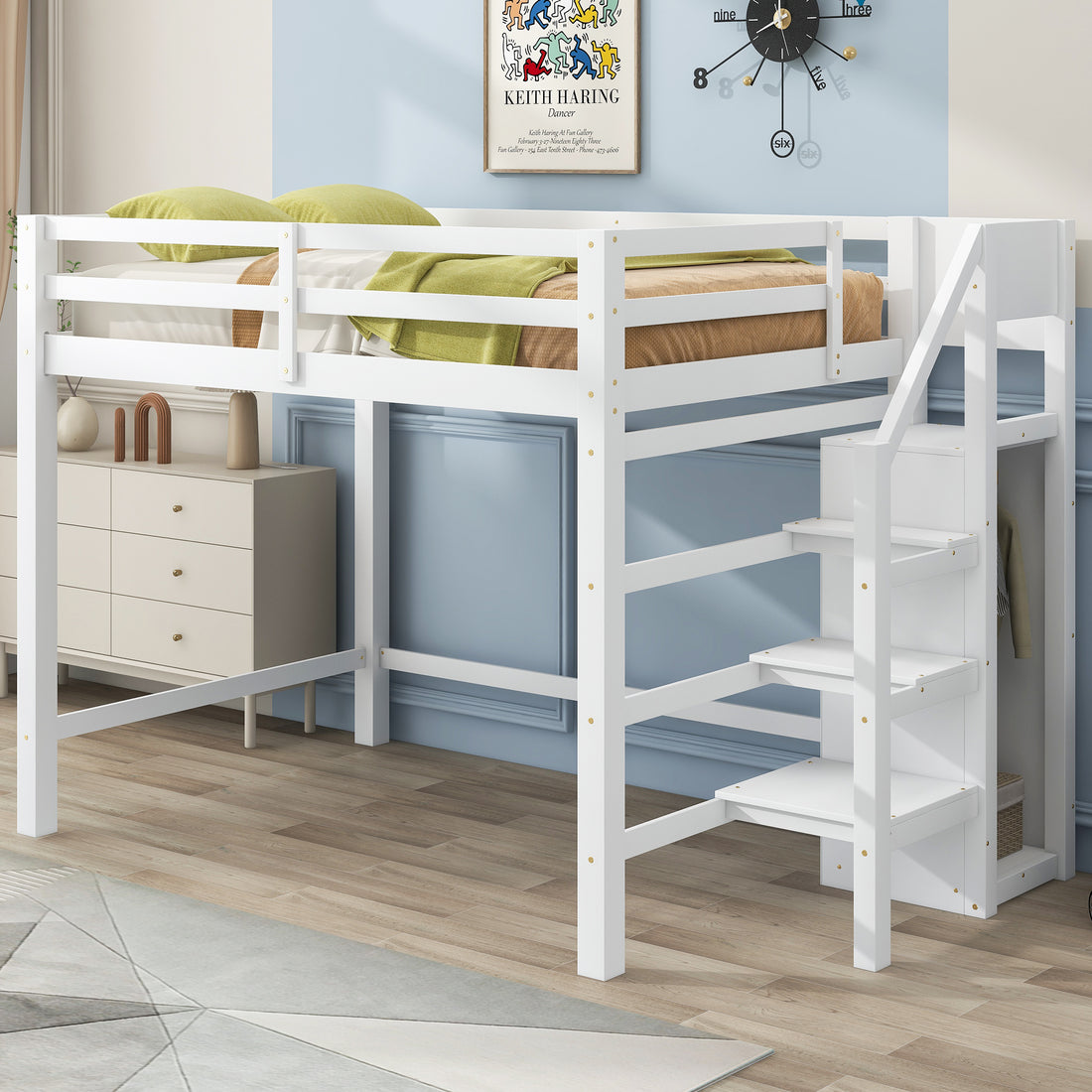 Full Size Loft Bed With Built In Storage Wardrobe And Staircase, White Old Sku:Sm000527Aak Box Spring Not Required Full White Wood Bedroom Pine