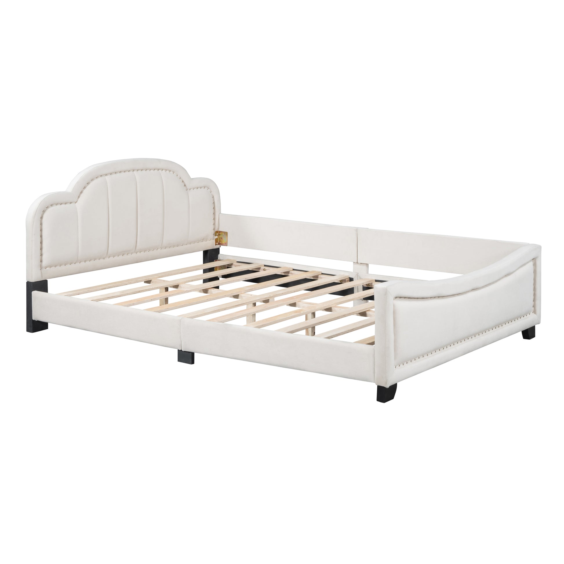 Full Size Upholstered Daybed With Cloud Shaped Headboard, Embedded Elegant Copper Nail Design, Beige Beige Velvet