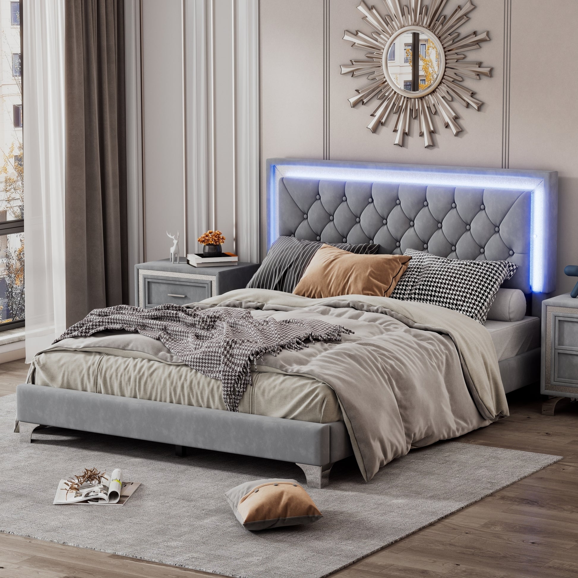 Queen Size Upholstered Bed Frame With Led Lights,Modern Velvet Platform Bed With Tufted Headboard,Gray Gray Velvet