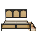 Queen Size Wood Storage Platform Bed With 2 Drawers, Rattan Headboard And Footboard, Black Box Spring Not Required Queen Black Wood Bedroom Bed Frame Wood Rattan