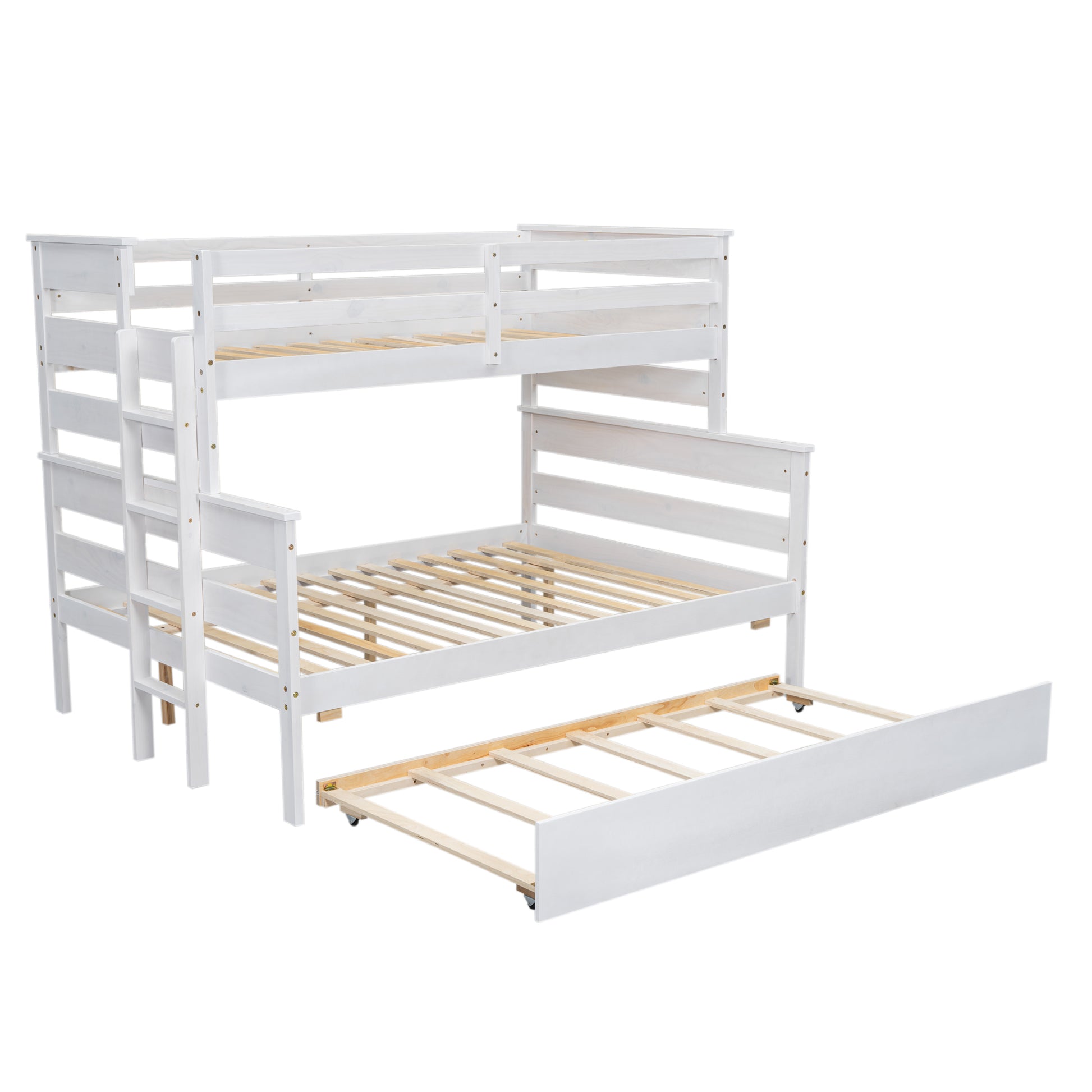 Wood Twin Over Full Bunk Bed With Twin Size Trundle, White Box Spring Not Required White Wood Bedroom Solid Wood Mdf