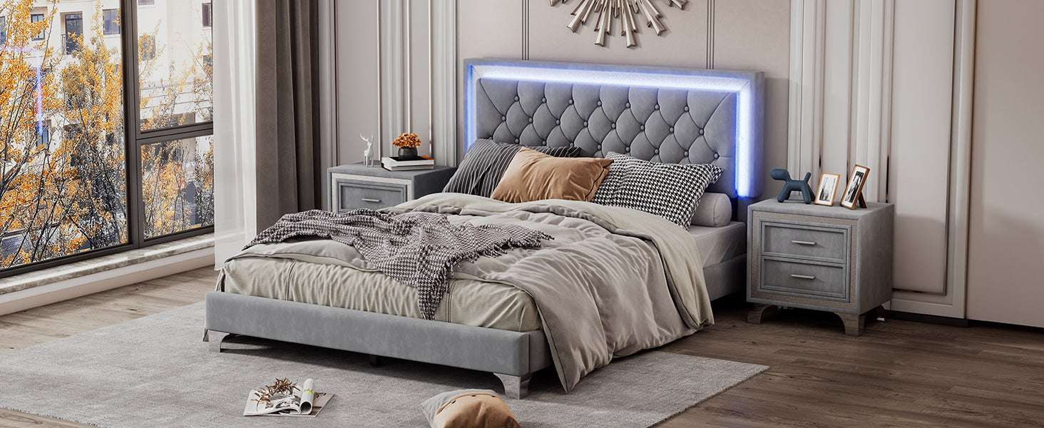 3 Pieces Bedroom Sets,Queen Size Upholstered Platform Bed With Led Lights And Two Nightstands Gray Gray Velvet