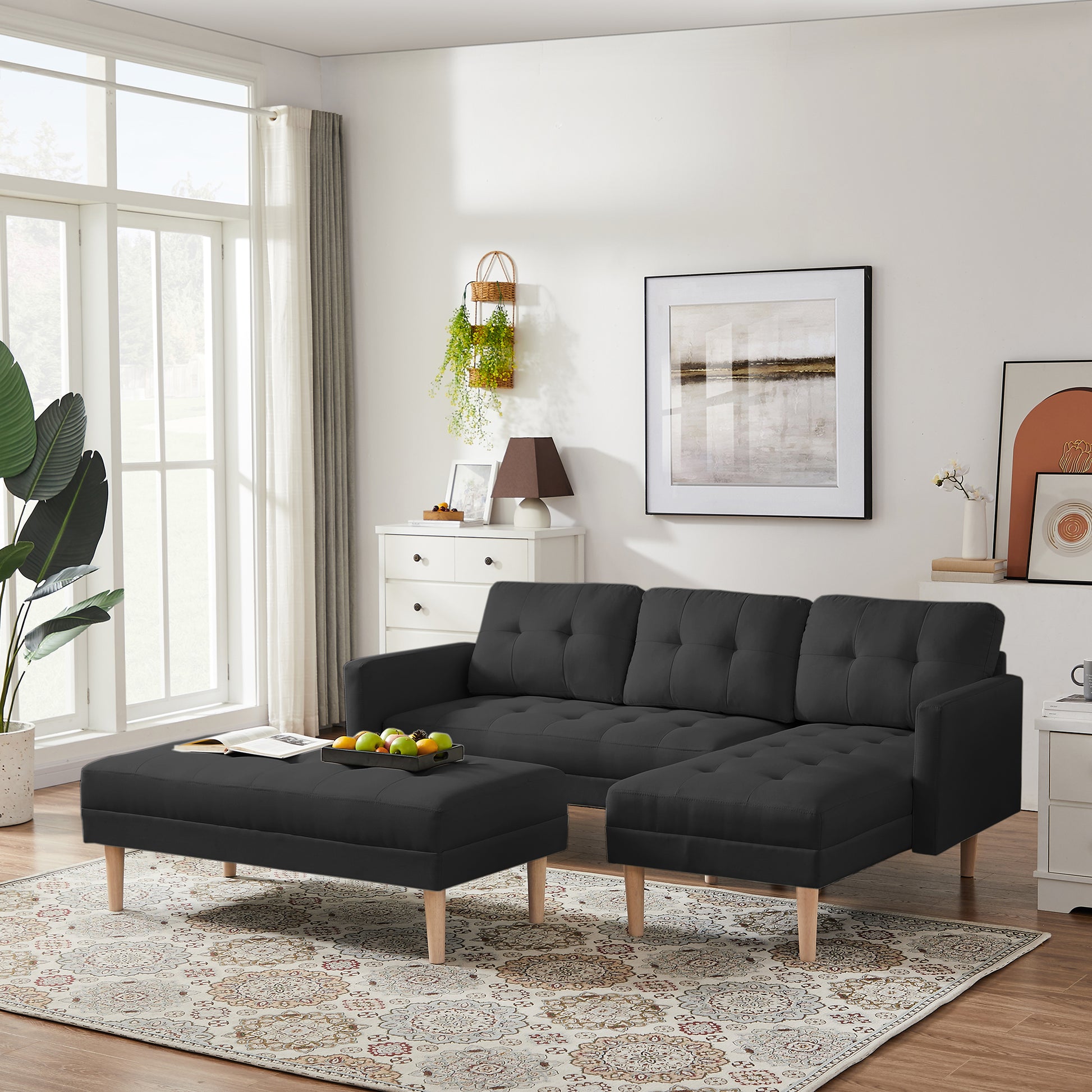Black Fabric Right Facingsectional Sofa Bedl Shape Sofa Chaise Lounge With Ottoman Bench Black Wood Tufted Back Square Arms Foam Fabric 3 Seat