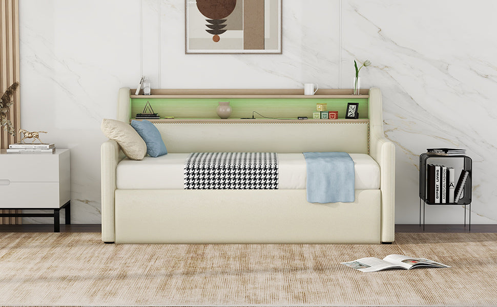 Twin Size Daybed With Hydraulic Storage, Upholstered Daybed With Lift Up Storage, Twin Leather Daybed With Charging Station And Led Lights,Beige Twin Beige Pu Leather