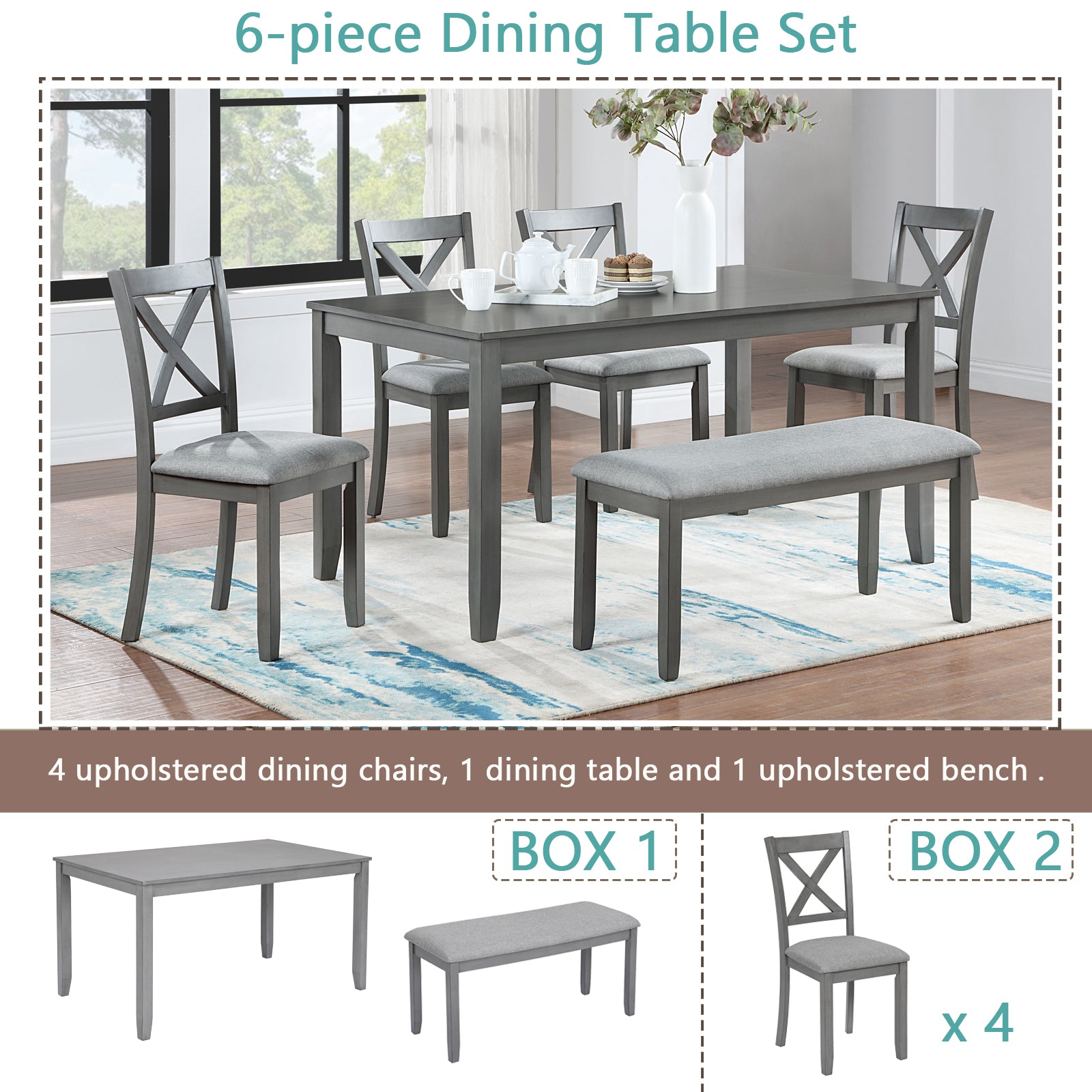 6 Piece Kitchen Dining Set, Rectangular Wooden Dining Table With 4 Upholstered Chairs And A Bench, Dining Table Set For 6 People, Living Room, Home Bar And Kitchen, Gray Wood Gray Seats 6 Wood Dining Room Acacia 4 Leg Rectangular Dining Table With Chair