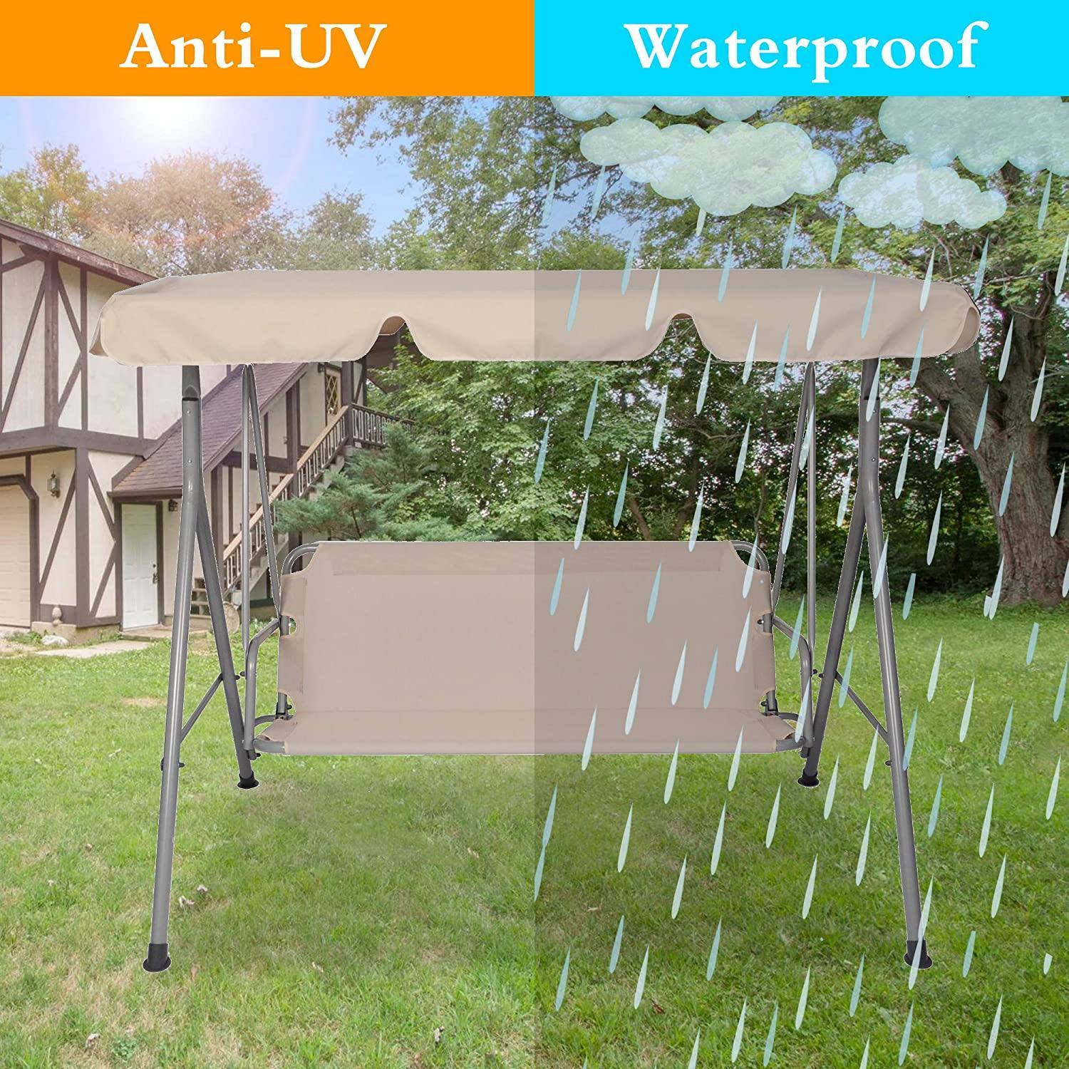 Outdoor Porch Patio Swing Chair With Stand And Waterproof Canopy All Weather Resistant Swing Bench Beige Metal