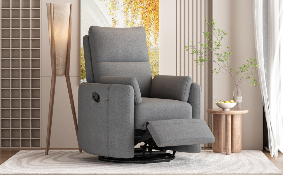 Upholstered Swivel Recliner Manual Rocker Recliner Chair Baby Nursery Chair With Two Removable Pillows For Living Room, Dark Grey Dark Grey Foam Linen