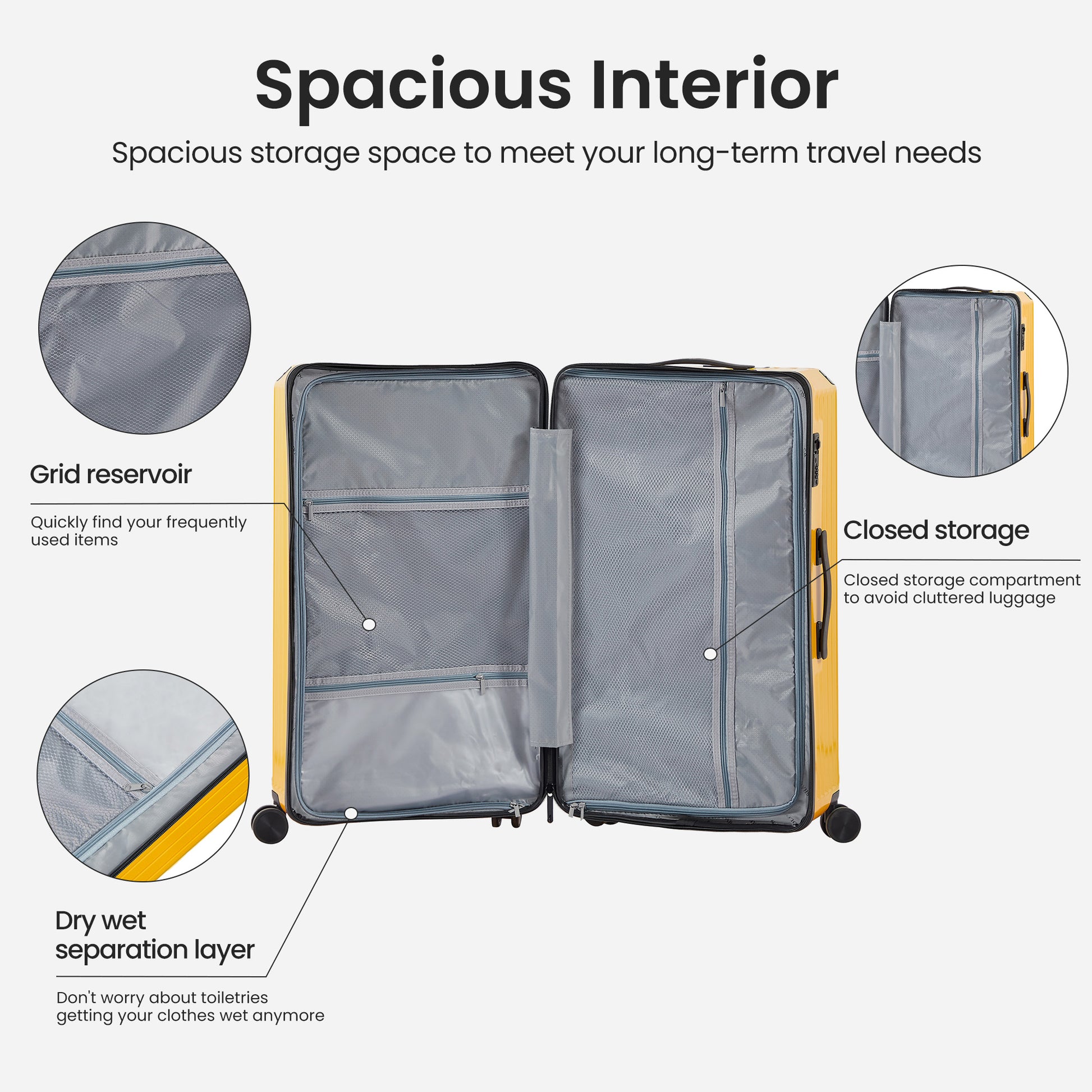 Luggage Set 4 Pcs 20" 24" 29" Travel Bag , Pc Abs Durable Lightweight Luggage With Collapsible Cup Holder, 360 Silent Spinner Wheels, Tsa Lock, Yellow Yellow Abs Pc