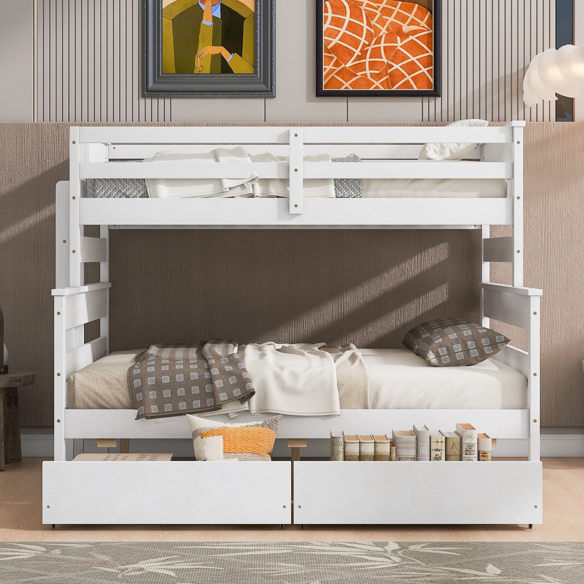 Wood Twin Over Full Bunk Bed With 2 Drawers, White Box Spring Not Required White Wood Bedroom Bunk Solid Wood Mdf