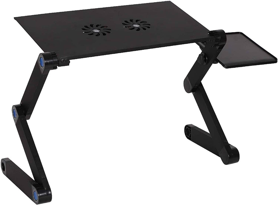 Foldable Aluminum Laptop Desk Adjustable Portable Table Stand With 2 Cpu Cooling Fans And Mouse Pad Black Metal