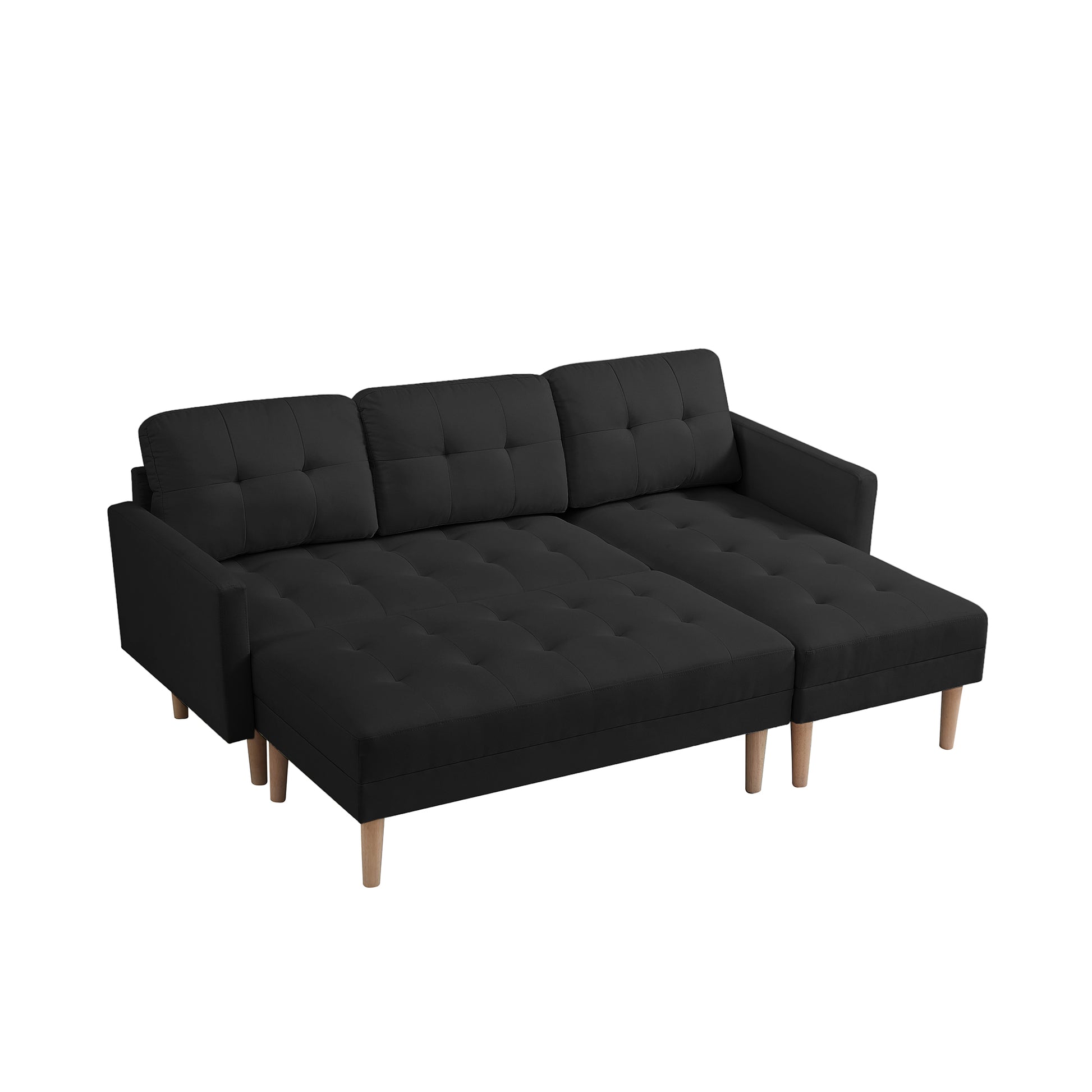 Black Fabric Right Facingsectional Sofa Bedl Shape Sofa Chaise Lounge With Ottoman Bench Black Wood Tufted Back Square Arms Foam Fabric 3 Seat