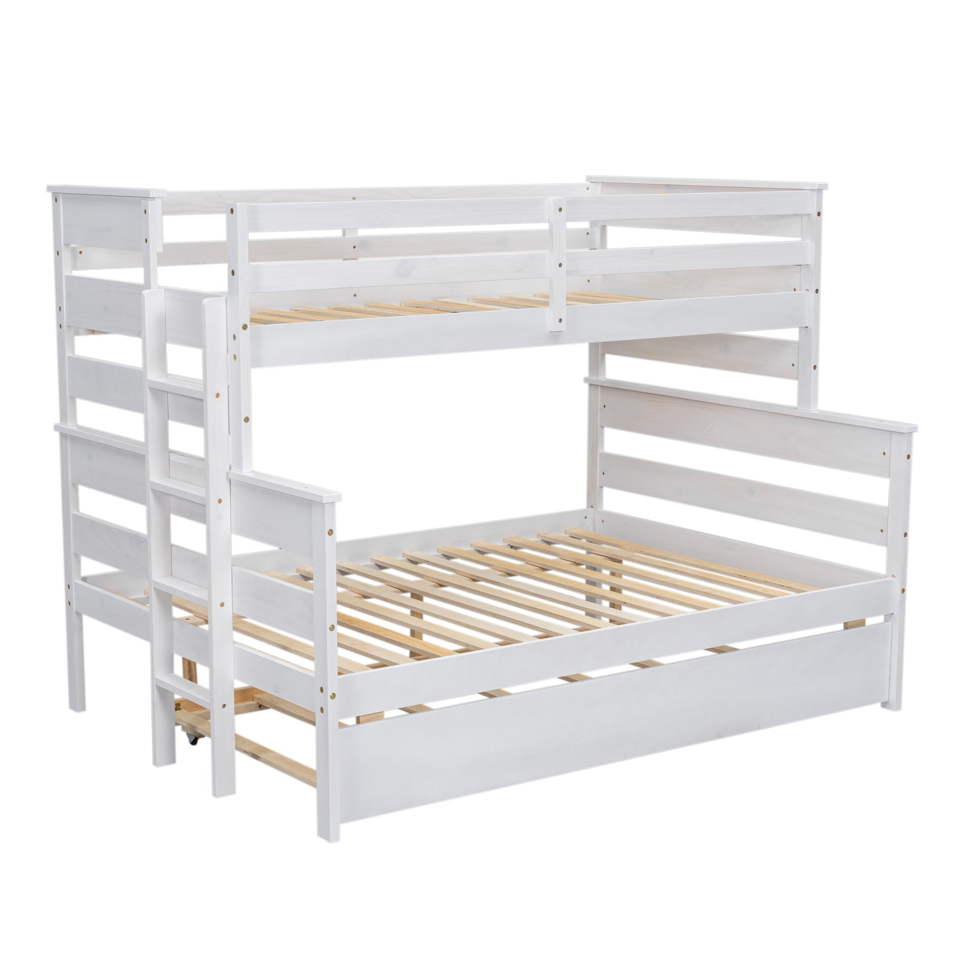 Wood Twin Over Full Bunk Bed With Twin Size Trundle, White Box Spring Not Required White Wood Bedroom Solid Wood Mdf