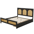 Queen Size Wood Storage Platform Bed With 2 Drawers, Rattan Headboard And Footboard, Black Box Spring Not Required Queen Black Wood Bedroom Bed Frame Wood Rattan