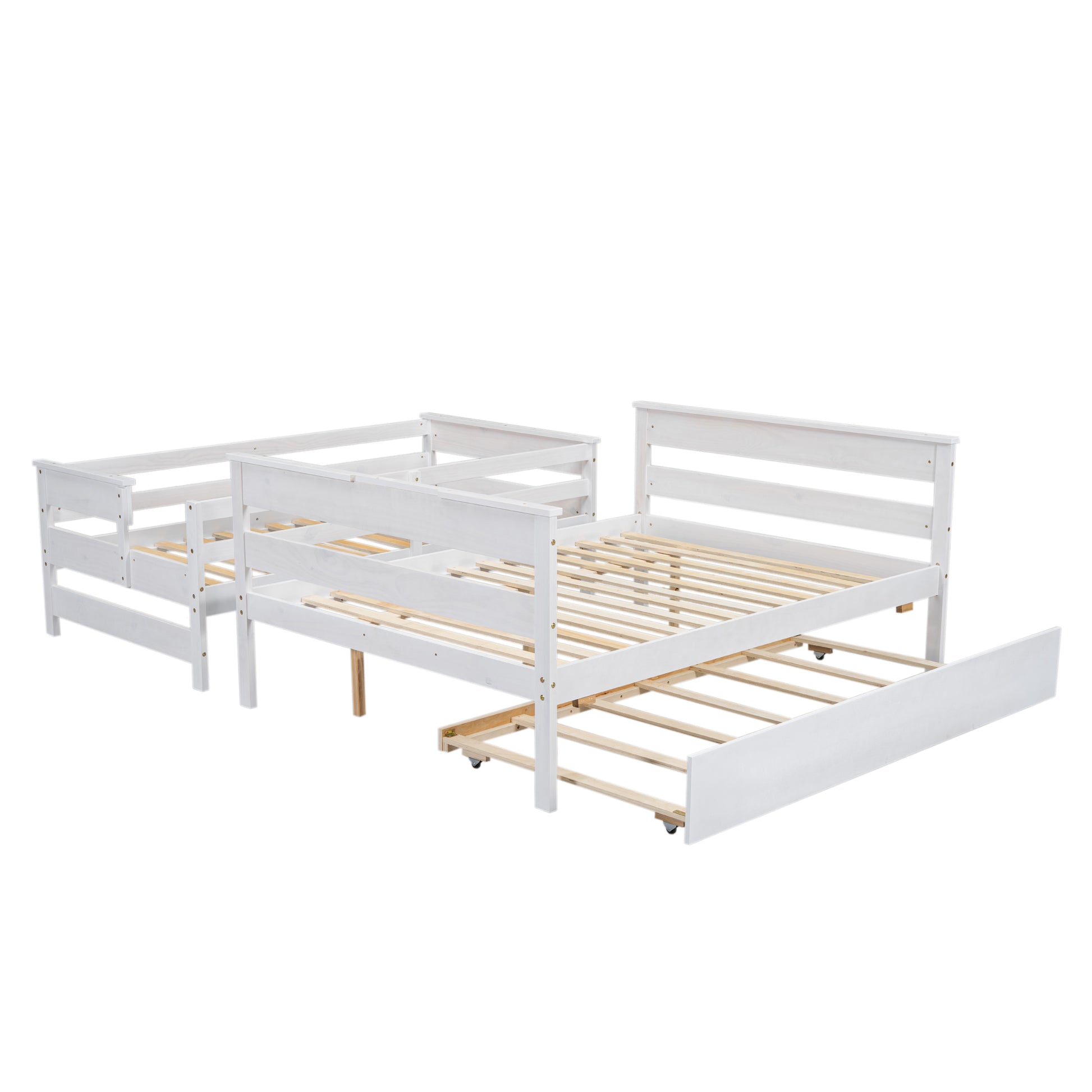 Wood Twin Over Full Bunk Bed With Twin Size Trundle, White Box Spring Not Required White Wood Bedroom Solid Wood Mdf