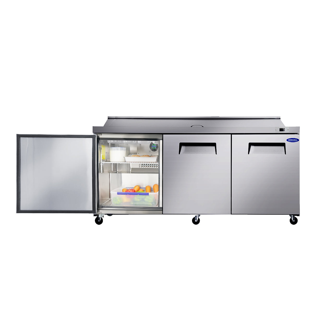 Orikool 72 In Commercial Refrigerators Sandwich&Salad Prep Table With A Butcher Block Cutting Board, Protection Lid, Cold Storage, Etl Certified Silver Stainless Steel