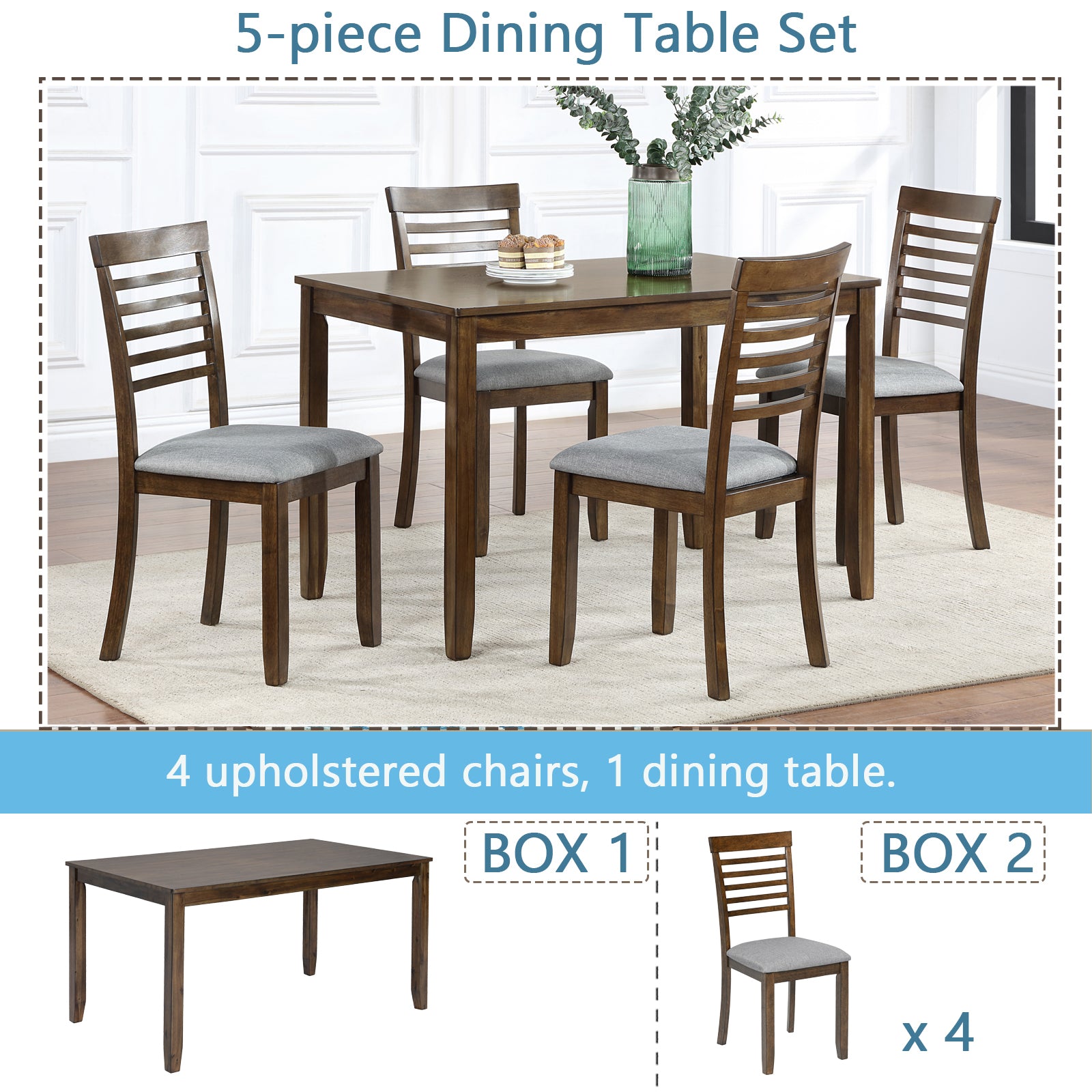 5 Piece Modern Dining Set, Rectangular Wooden Dining Table With 4 Upholstered Chairs For Kitchen, Dining Room, Walnut Wood Walnut Seats 4 Wood Dining Room Acacia 4 Leg Rectangular Dining Table With Chair Acacia Wood
