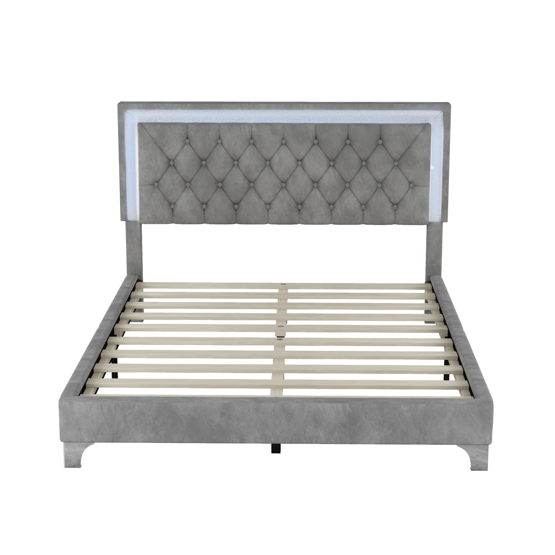 3 Pieces Bedroom Sets,Queen Size Upholstered Platform Bed With Led Lights And Two Nightstands Gray Gray Velvet
