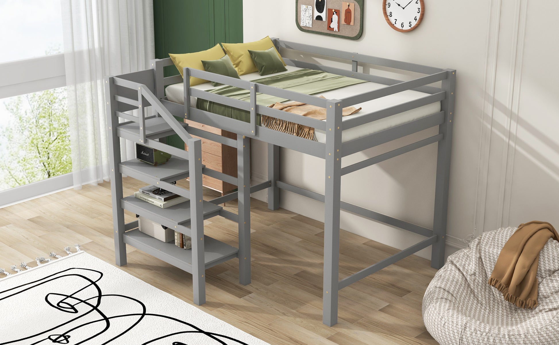 Full Size Loft Bed With Built In Storage Staircase And Hanger For Clothes, Gray Box Spring Not Required Full Gray Wood Bedroom Pine