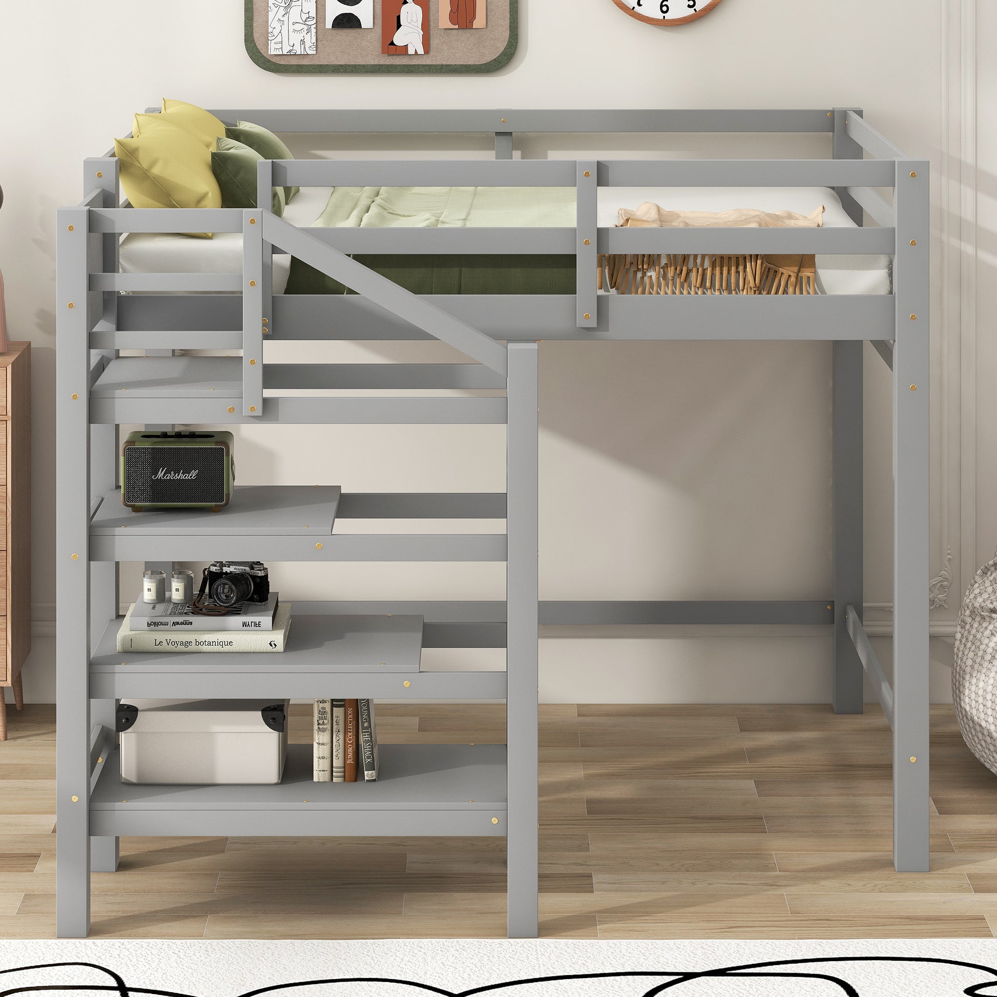 Full Size Loft Bed With Built In Storage Staircase And Hanger For Clothes, Gray Box Spring Not Required Full Gray Wood Bedroom Pine