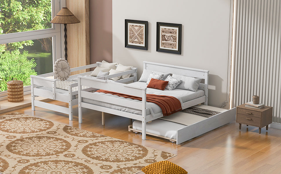 Wood Twin Over Full Bunk Bed With Twin Size Trundle, White Box Spring Not Required White Wood Bedroom Solid Wood Mdf