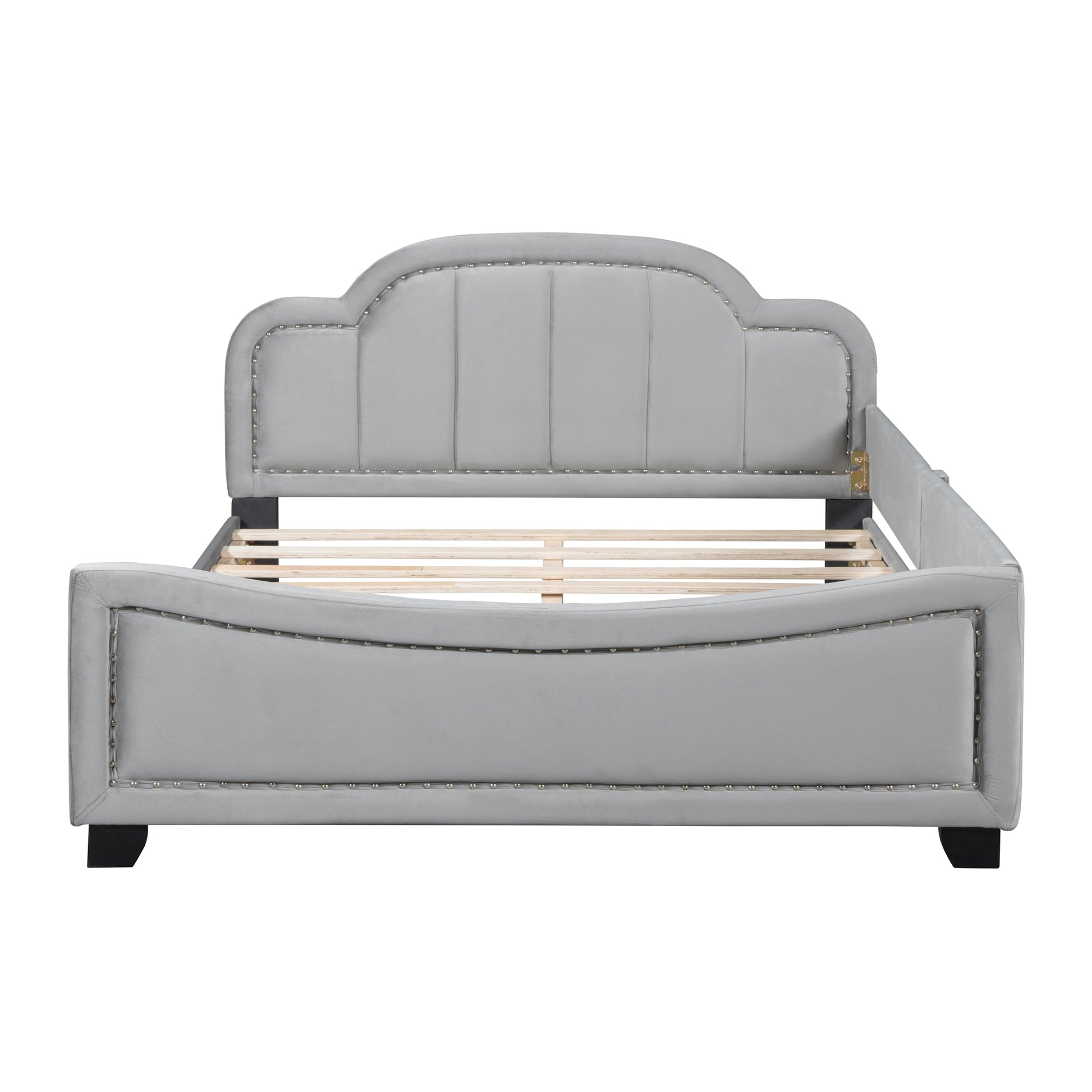 Full Size Upholstered Daybed With Cloud Shaped Headboard, Embedded Elegant Copper Nail Design, Gray Gray Velvet