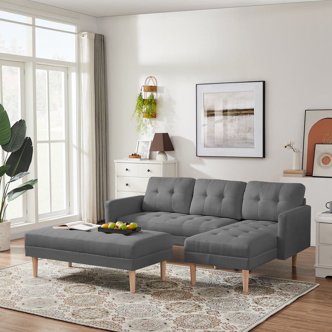 Grey Fabric Right Facing Sectional Sofa Bedl Shape Sofa Chaise Lounge With Ottoman Bench Grey Wood Tufted Back Square Arms Foam Fabric 3 Seat