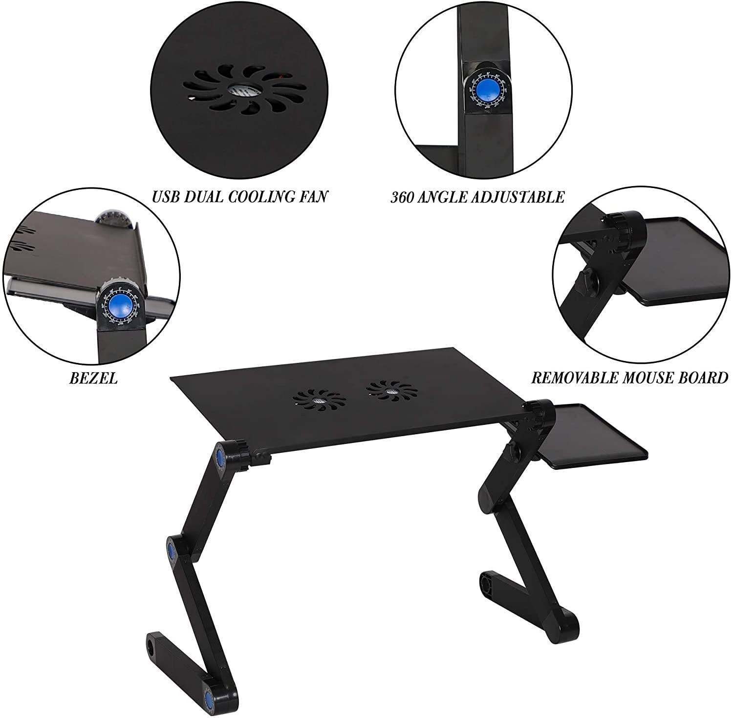 Foldable Aluminum Laptop Desk Adjustable Portable Table Stand With 2 Cpu Cooling Fans And Mouse Pad Black Metal