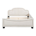 Full Size Upholstered Daybed With Cloud Shaped Headboard, Embedded Elegant Copper Nail Design, Beige Beige Velvet