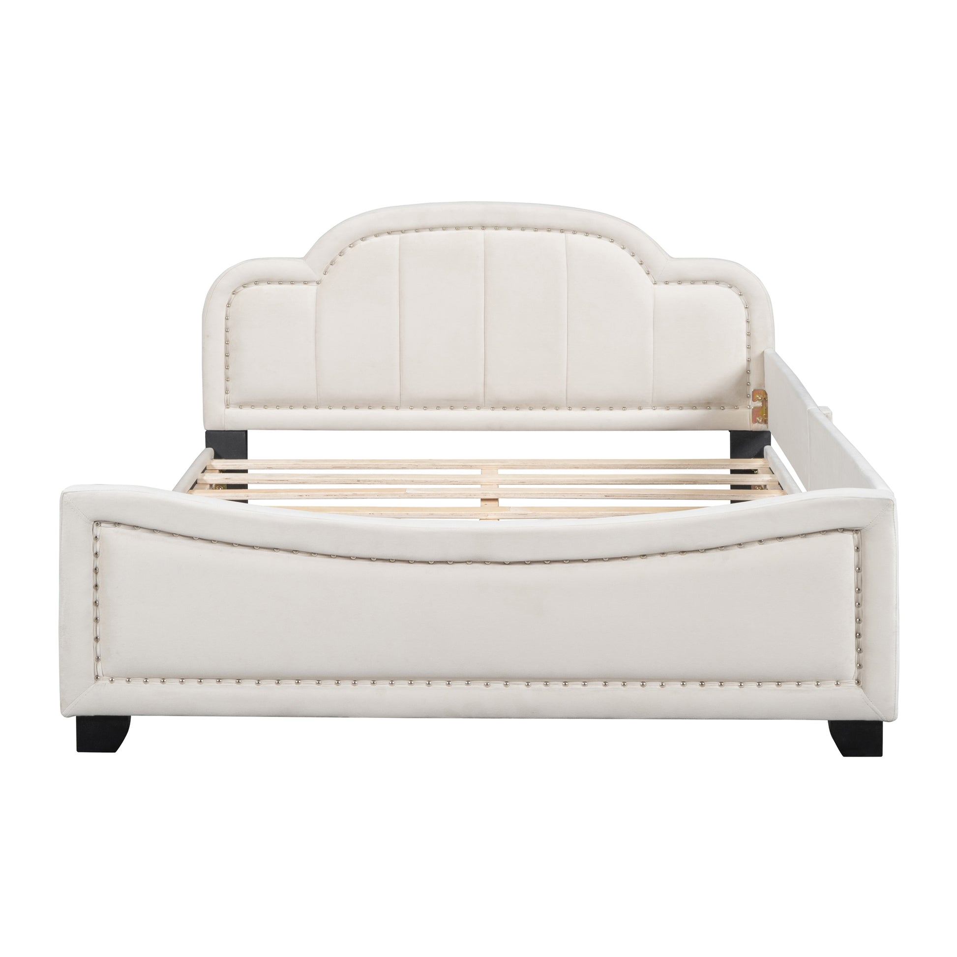 Full Size Upholstered Daybed With Cloud Shaped Headboard, Embedded Elegant Copper Nail Design, Beige Beige Velvet
