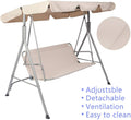 Outdoor Porch Patio Swing Chair With Stand And Waterproof Canopy All Weather Resistant Swing Bench Beige Metal