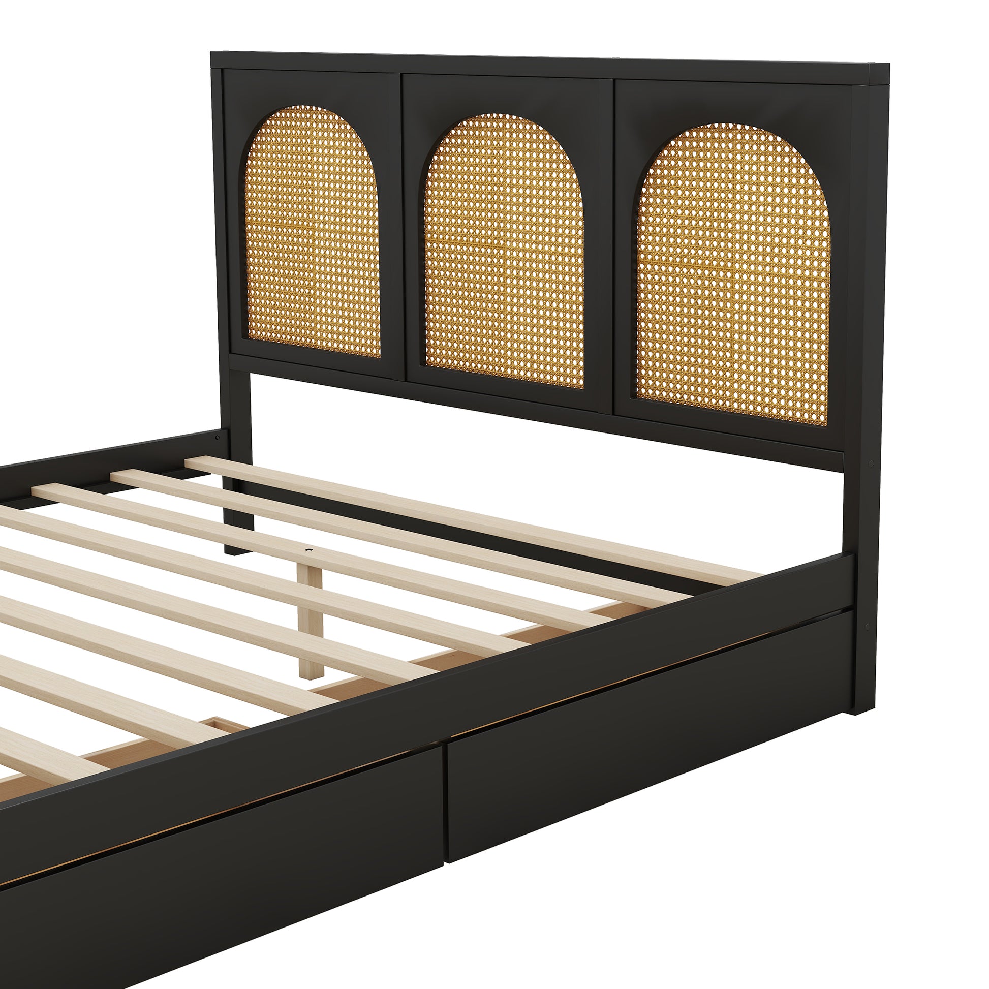 Queen Size Wood Storage Platform Bed With 2 Drawers, Rattan Headboard And Footboard, Black Box Spring Not Required Queen Black Wood Bedroom Bed Frame Wood Rattan