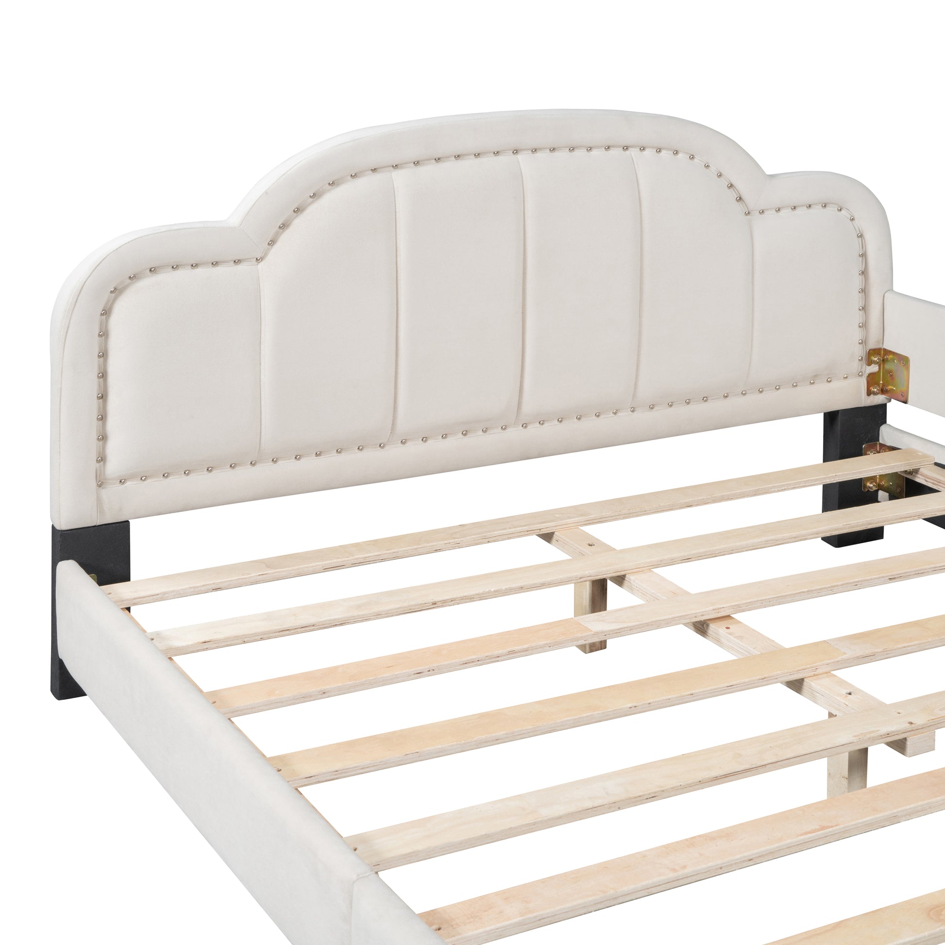 Full Size Upholstered Daybed With Cloud Shaped Headboard, Embedded Elegant Copper Nail Design, Beige Beige Velvet