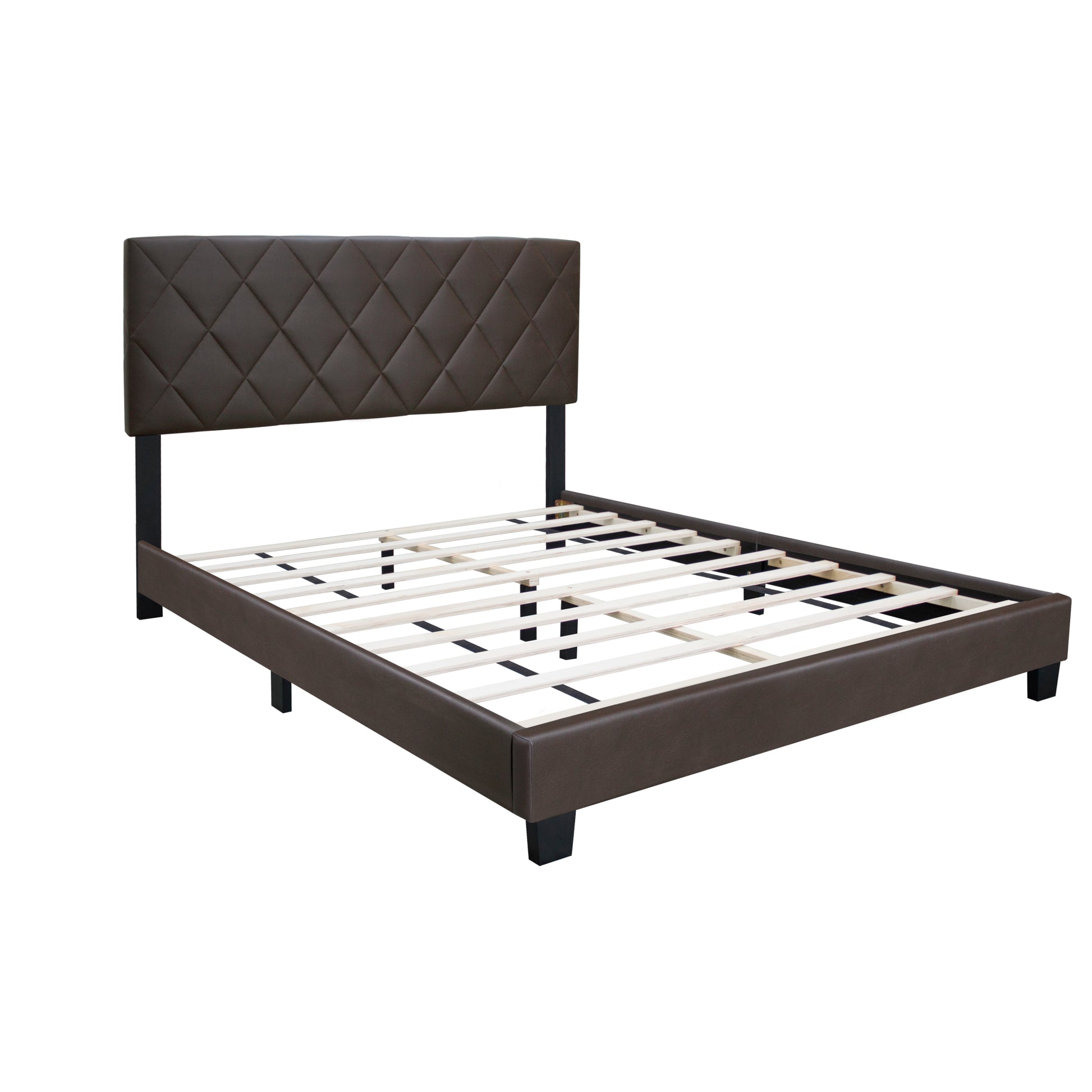 Brown Queen Size Adjustable Upholstered Bed Frame Stain Resistant Pvc Leather Plaid Design Simple Style Box Spring Not Required Queen Brown Wood Espresso Bedroom Classic,Minimalist,Shabby Chic Rubberwood Adjustable Bedbase Fiber Foam And Polyester Fiber