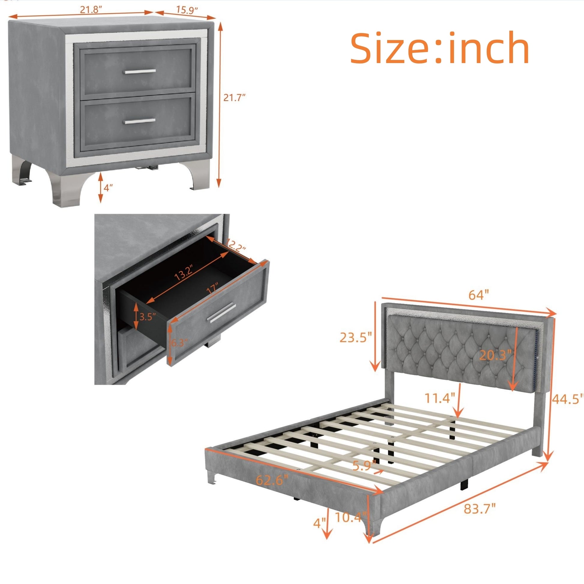 3 Pieces Bedroom Sets,Queen Size Upholstered Platform Bed With Led Lights And Two Nightstands Gray Gray Velvet