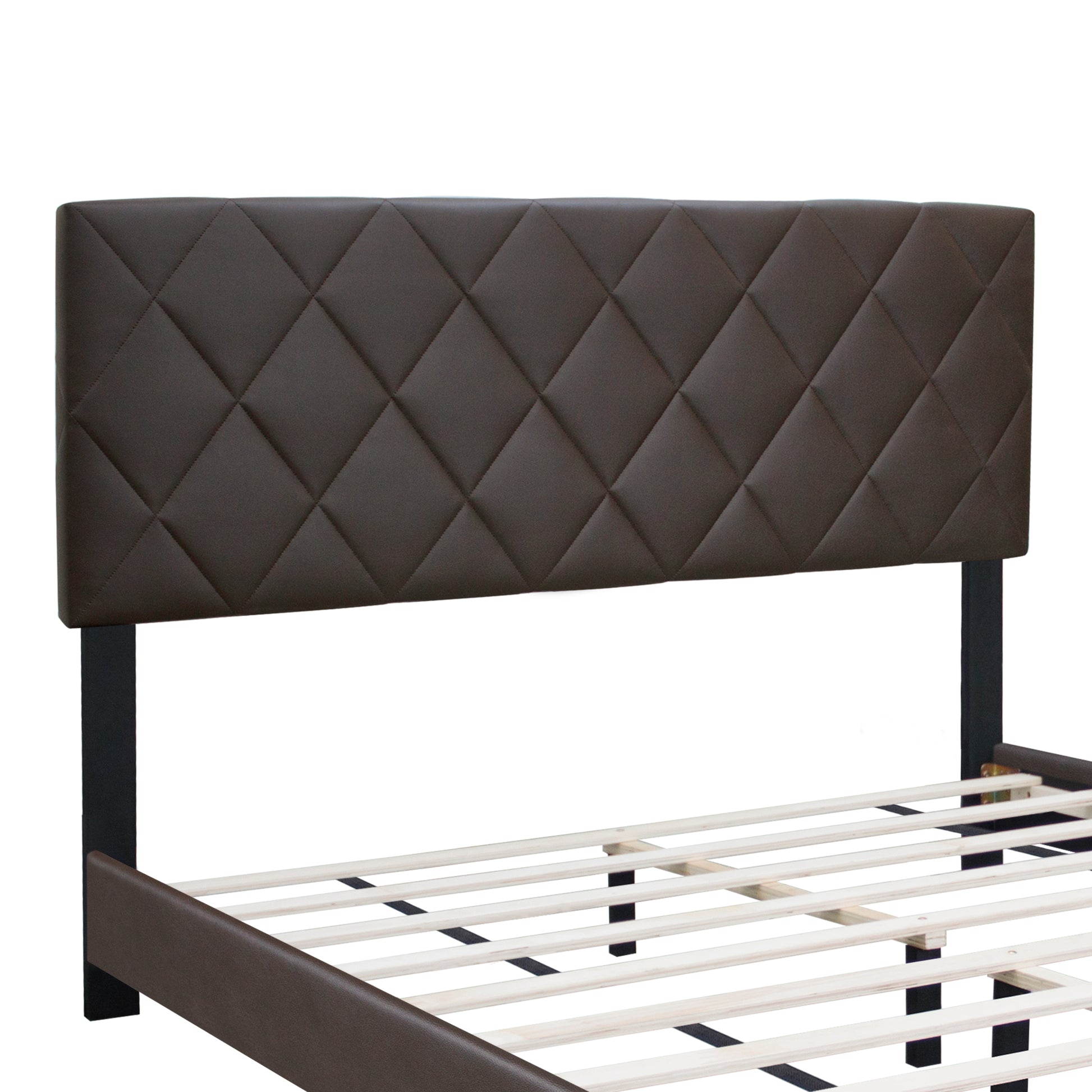 Brown Queen Size Adjustable Upholstered Bed Frame Stain Resistant Pvc Leather Plaid Design Simple Style Box Spring Not Required Queen Brown Wood Espresso Bedroom Classic,Minimalist,Shabby Chic Rubberwood Adjustable Bedbase Fiber Foam And Polyester Fiber