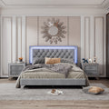 3 Pieces Bedroom Sets,Queen Size Upholstered Platform Bed With Led Lights And Two Nightstands Gray Gray Velvet