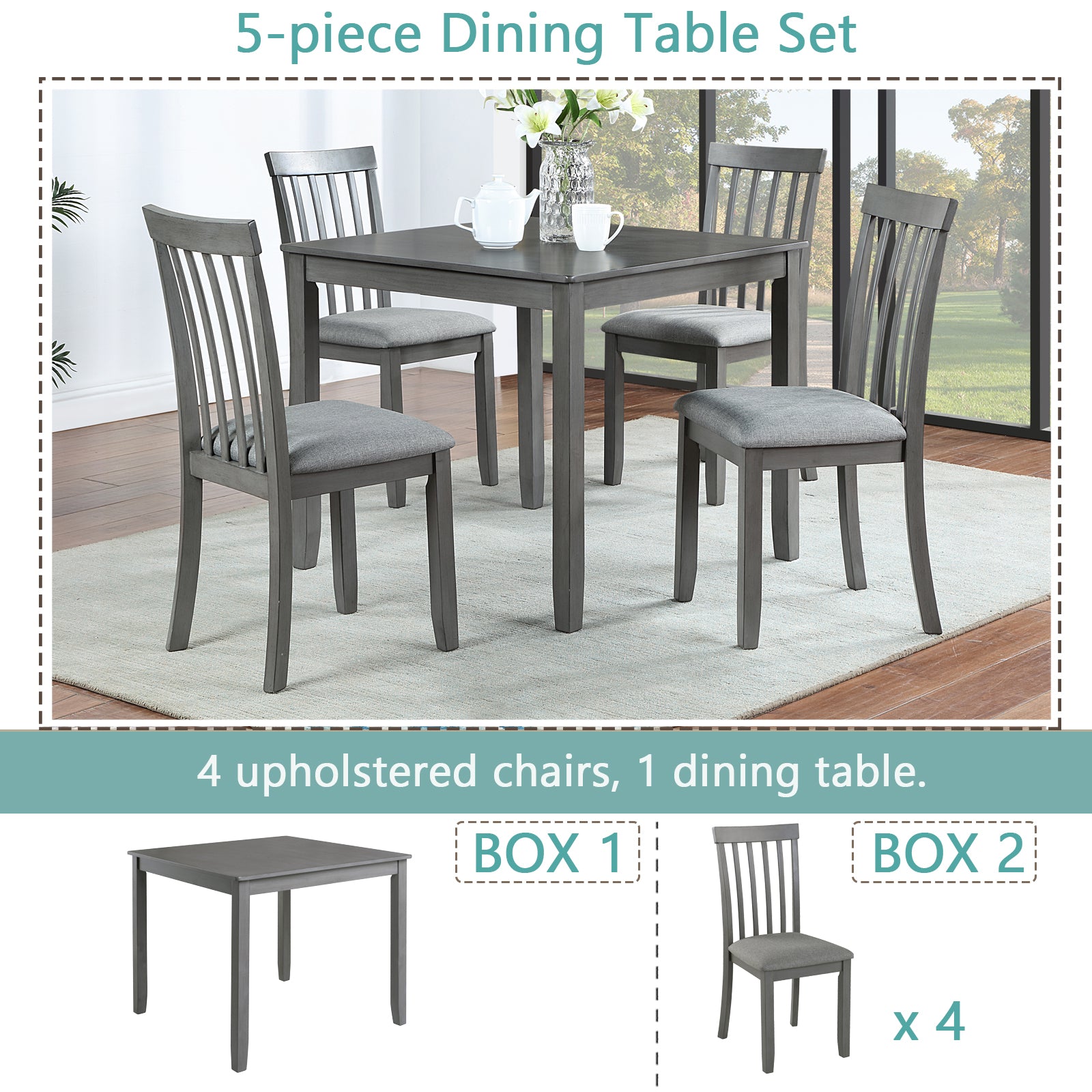 5 Piece Modern Dining Set, Square Wooden Dining Table With 4 Upholstered Chairs For Kitchen, Dining Room, Gray Wood Gray Seats 4 Wood Dining Room Acacia 4 Leg Square Dining Table With Chair Acacia Wood