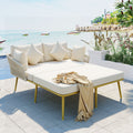Outdoor Patio Daybed, Woven Nylon Rope Backrest With Washable Cushions For Balcony, Poolside, Set For 2 Person, Beige Yes Complete Patio Set Beige Gold Weather Resistant Frame Stain Resistant Cushions Garden & Outdoor Casual Complete Patio Sets Foam Pvc