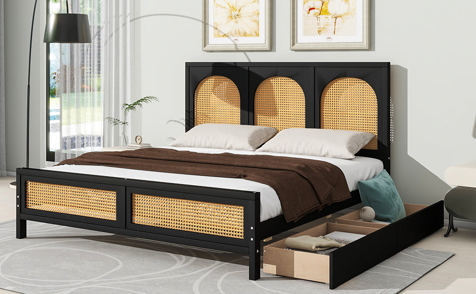 Queen Size Wood Storage Platform Bed With 2 Drawers, Rattan Headboard And Footboard, Black Box Spring Not Required Queen Black Wood Bedroom Bed Frame Wood Rattan