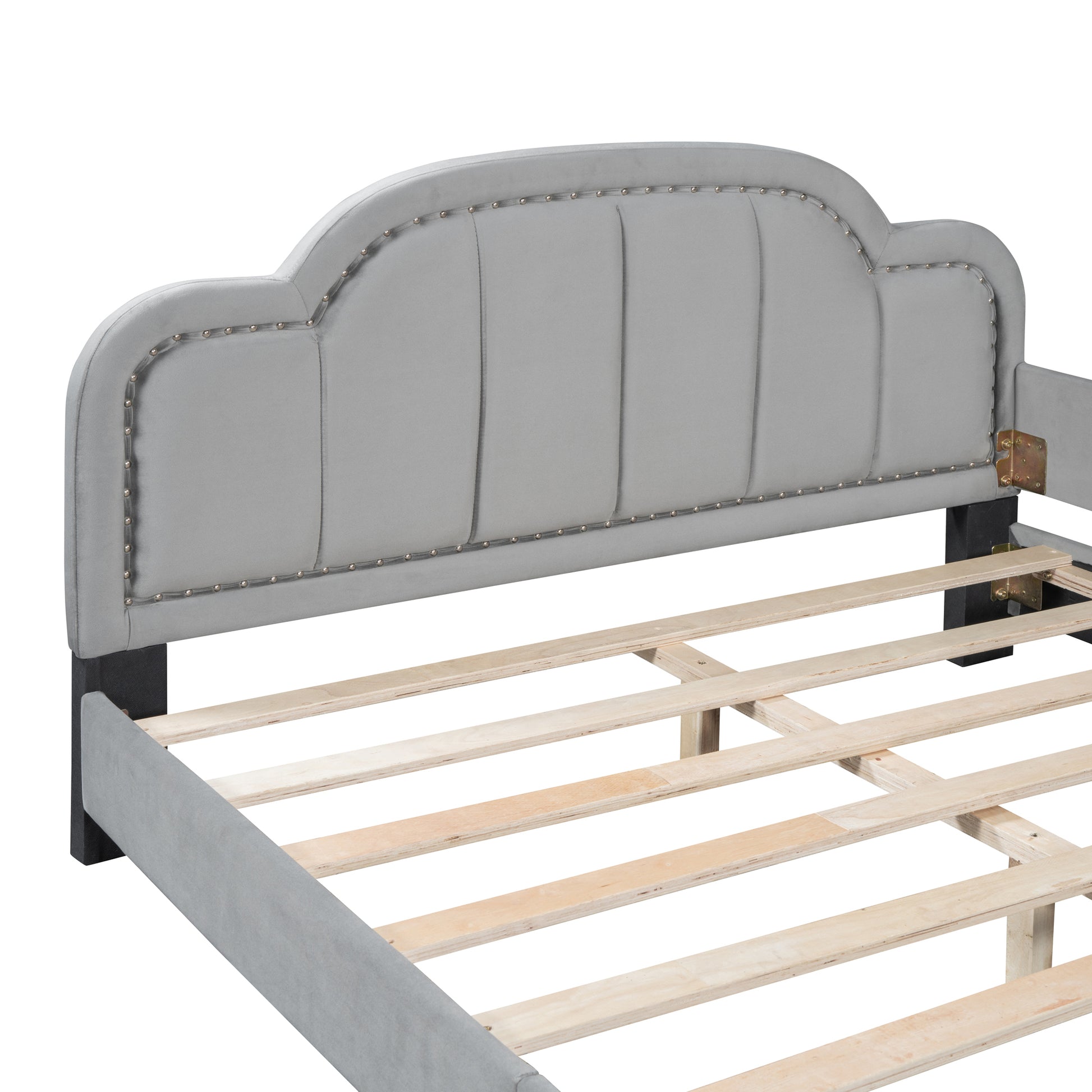 Full Size Upholstered Daybed With Cloud Shaped Headboard, Embedded Elegant Copper Nail Design, Gray Gray Velvet