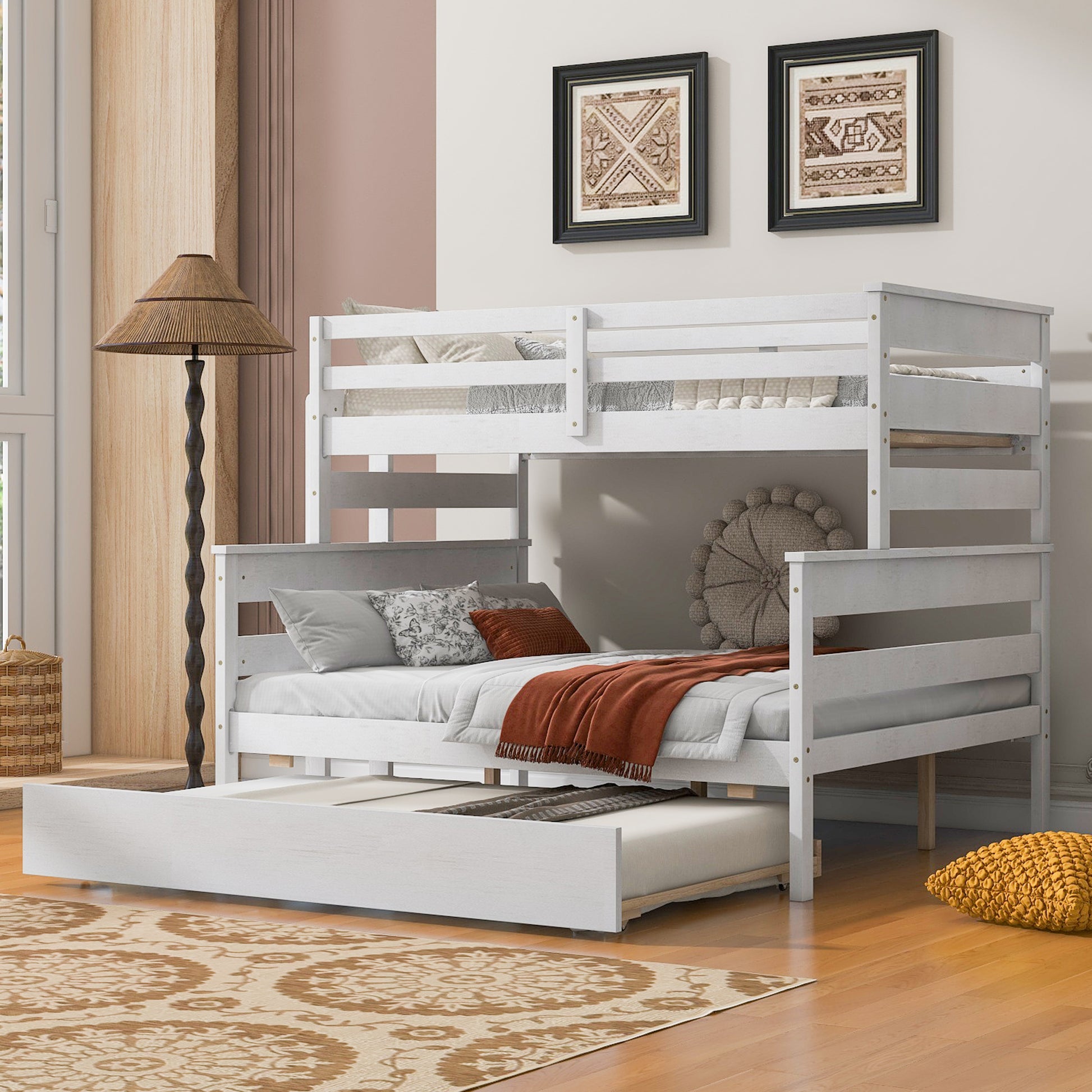 Wood Twin Over Full Bunk Bed With Twin Size Trundle, White Box Spring Not Required White Wood Bedroom Solid Wood Mdf