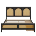 Queen Size Wood Storage Platform Bed With 2 Drawers, Rattan Headboard And Footboard, Black Box Spring Not Required Queen Black Wood Bedroom Bed Frame Wood Rattan