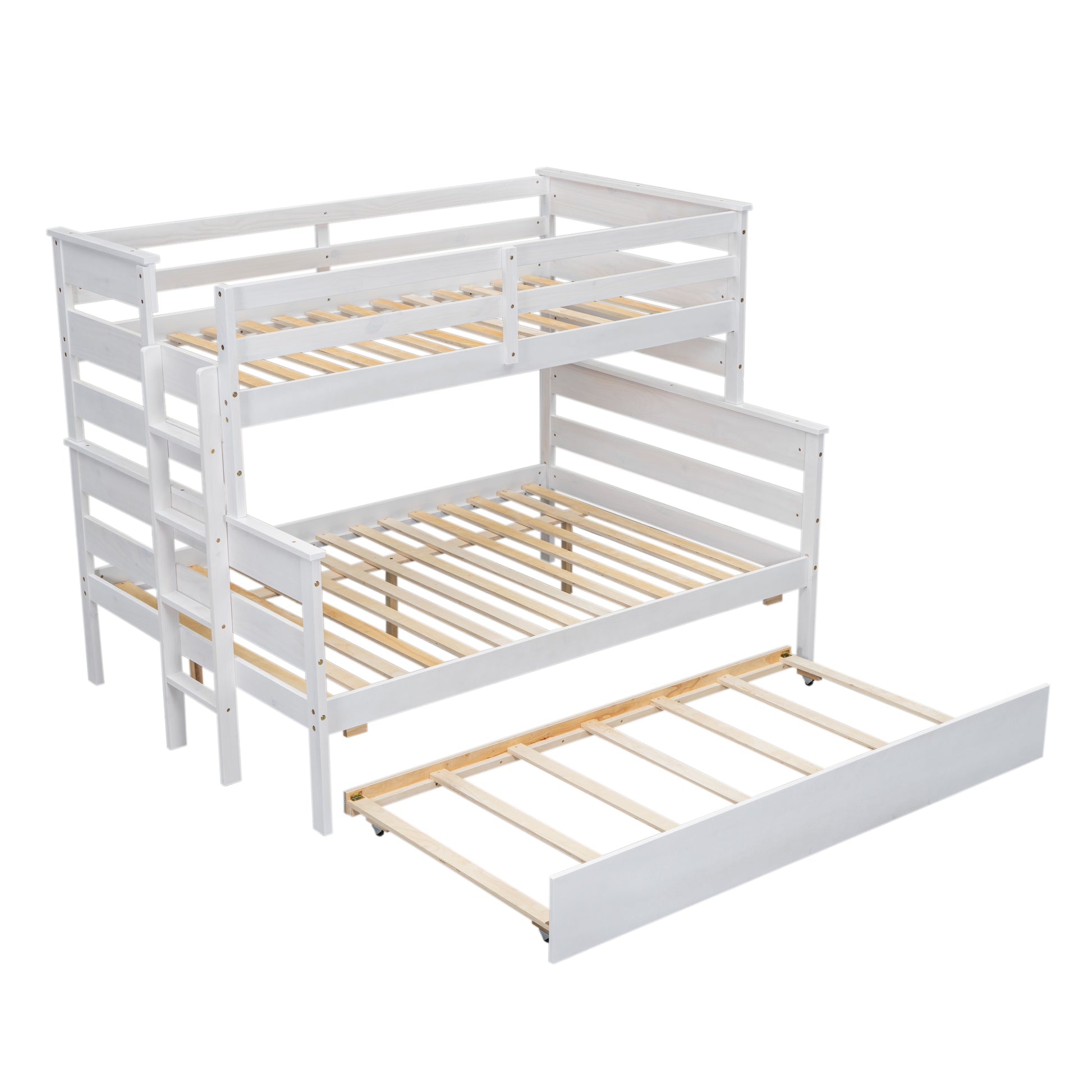 Wood Twin Over Full Bunk Bed With Twin Size Trundle, White Box Spring Not Required White Wood Bedroom Solid Wood Mdf