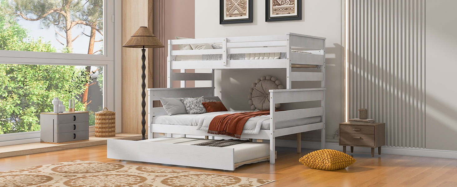 Wood Twin Over Full Bunk Bed With Twin Size Trundle, White Box Spring Not Required White Wood Bedroom Solid Wood Mdf