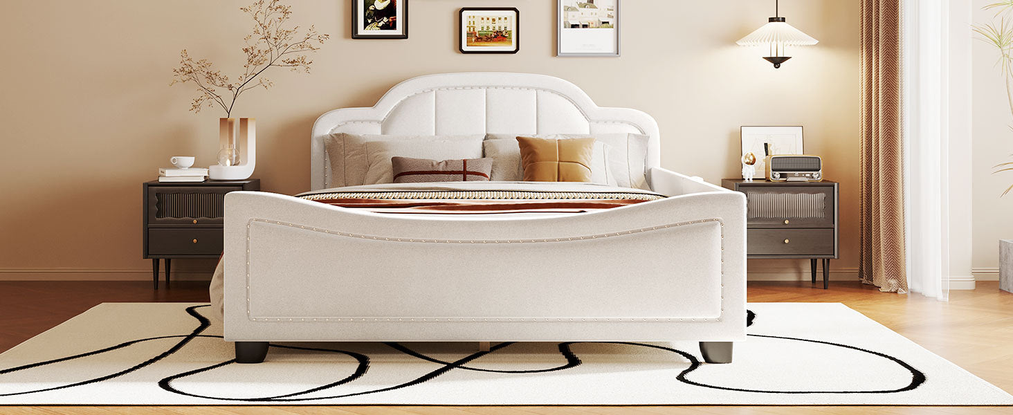 Full Size Upholstered Daybed With Cloud Shaped Headboard, Embedded Elegant Copper Nail Design, Beige Beige Velvet