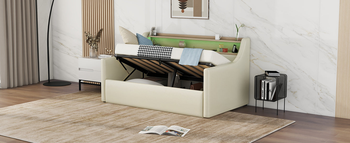 Twin Size Daybed With Hydraulic Storage, Upholstered Daybed With Lift Up Storage, Twin Leather Daybed With Charging Station And Led Lights,Beige Twin Beige Pu Leather