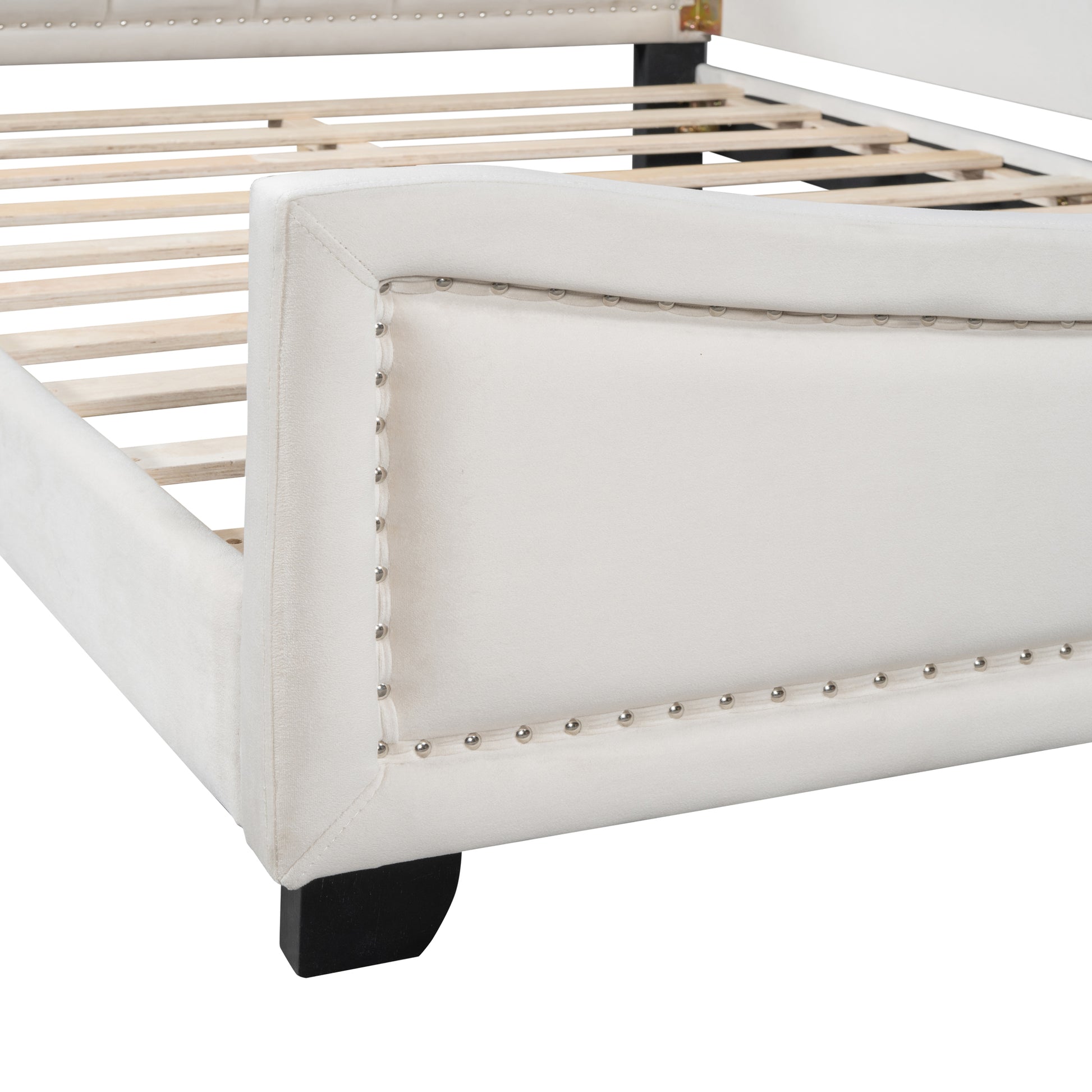 Full Size Upholstered Daybed With Cloud Shaped Headboard, Embedded Elegant Copper Nail Design, Beige Beige Velvet