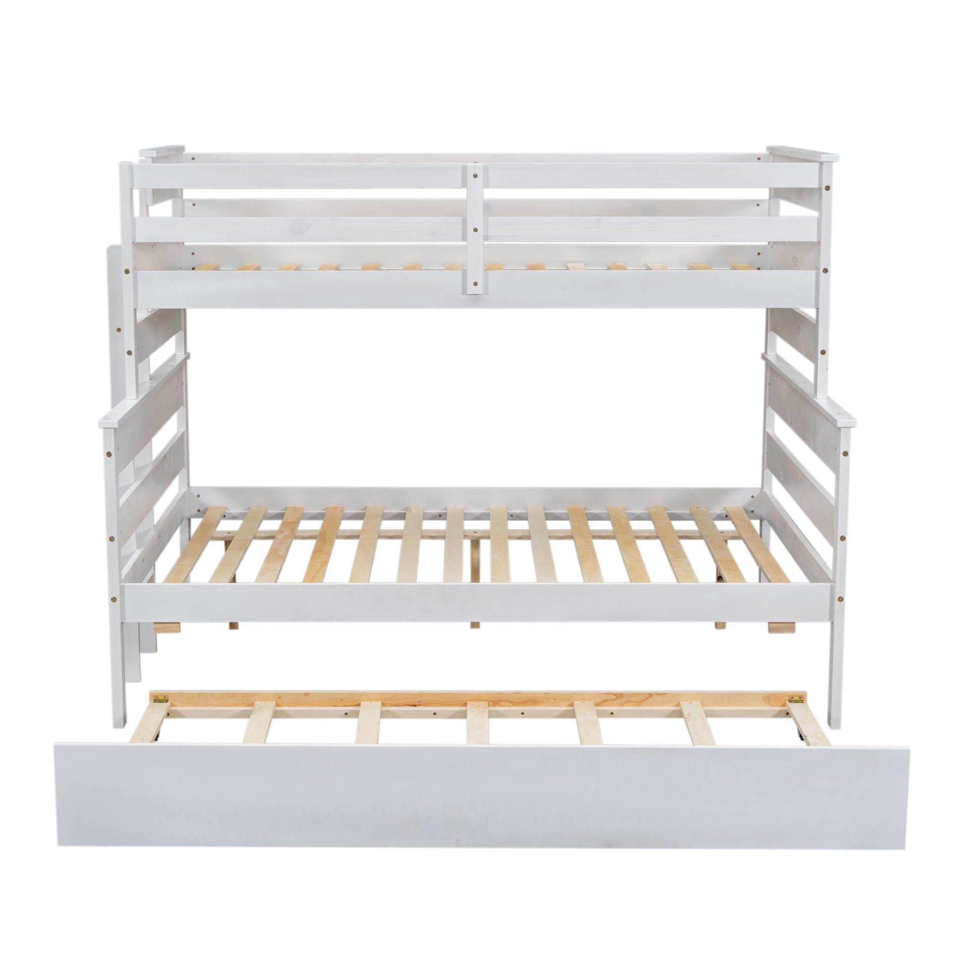 Wood Twin Over Full Bunk Bed With Twin Size Trundle, White Box Spring Not Required White Wood Bedroom Solid Wood Mdf