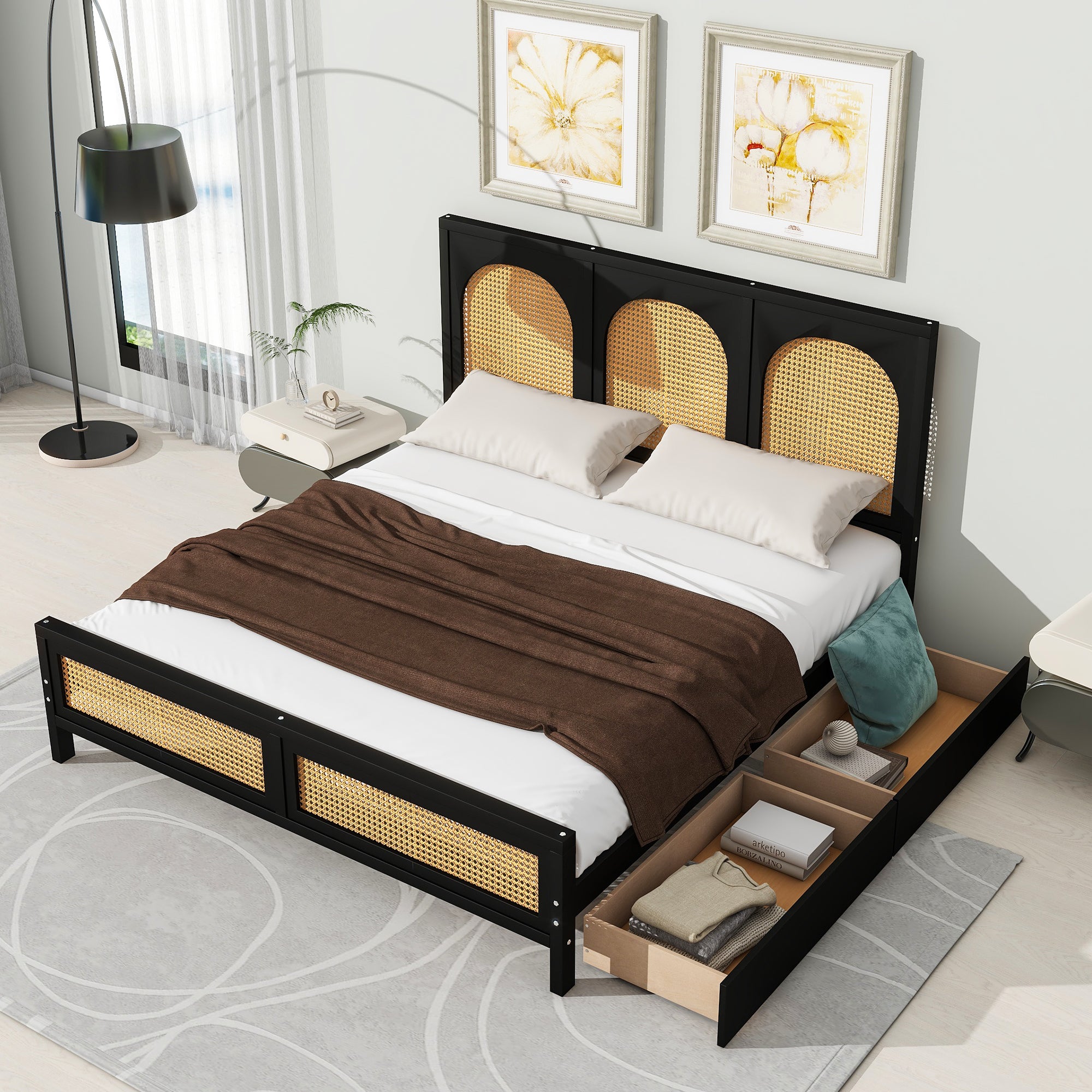 Queen Size Wood Storage Platform Bed With 2 Drawers, Rattan Headboard And Footboard, Black Box Spring Not Required Queen Black Wood Bedroom Bed Frame Wood Rattan